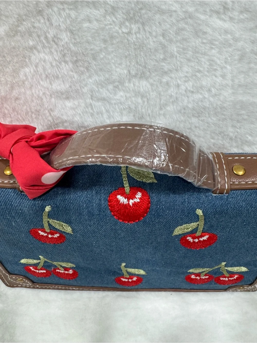 NWOT Steve Madden Denim Cherry Embroidered Top-Handle Bag - Blue/Red